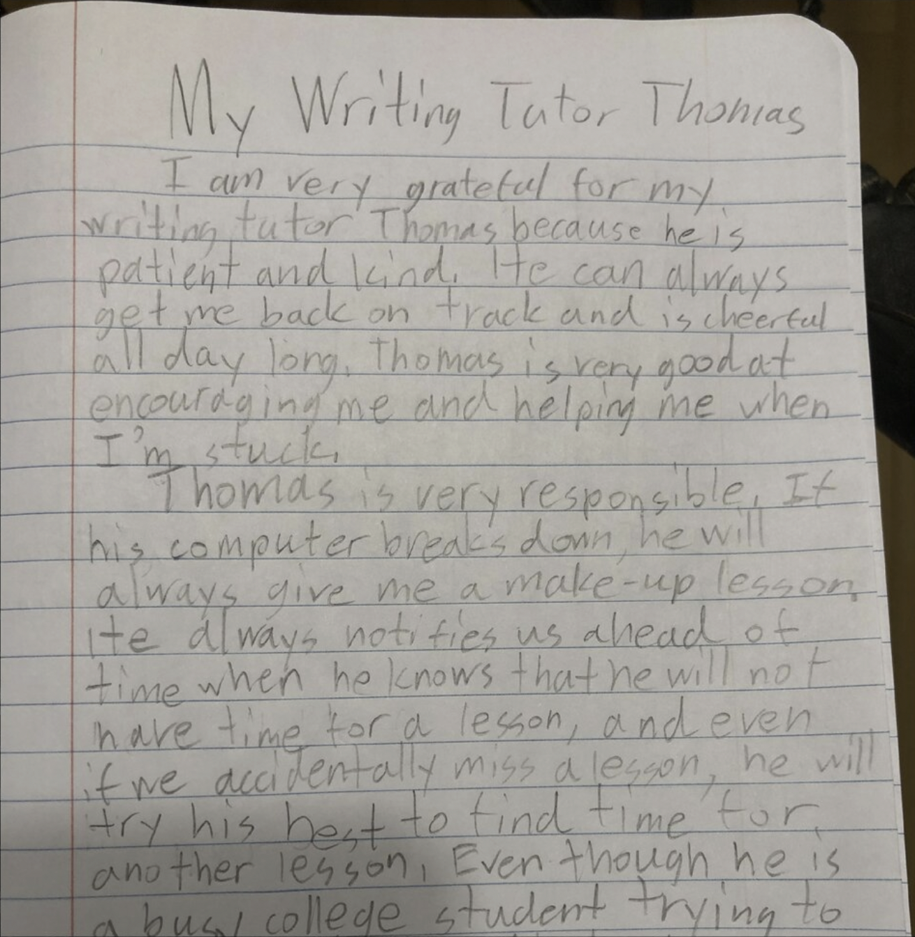 Picture of a note from a student to their tutor